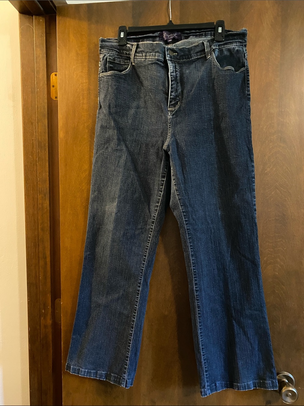 NYDJ dark wash denim lift tuck technology jeans. Straight leg. Made in USA.